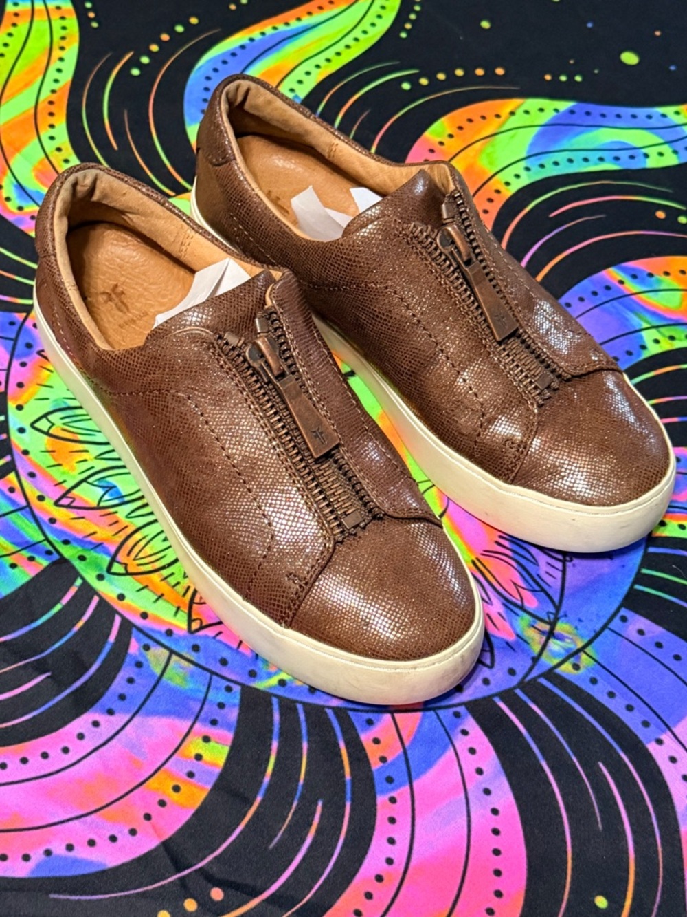 Frye Brown Leather Zip-Front Slip-On Flats - Picture 2 of 11